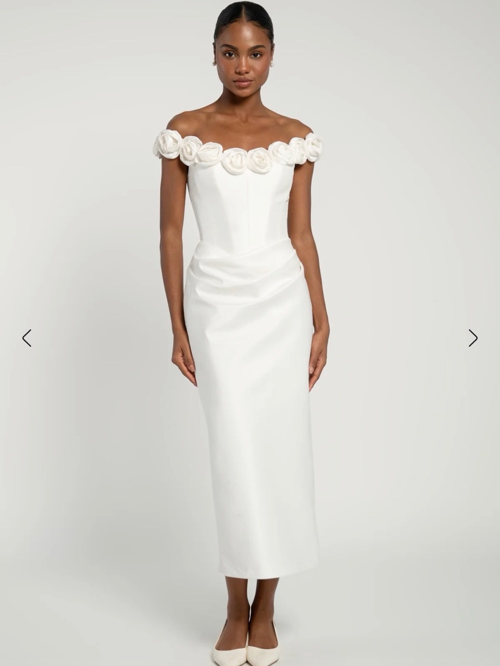 Jenny Yoo “Maren” Off-Shoulder Light Ivory Midi Dress with Floral Trim